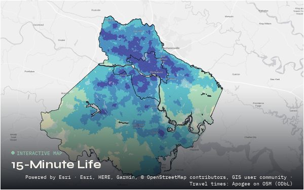 Map of the Richmond region scored by walk and drive minutes to everyday essentials