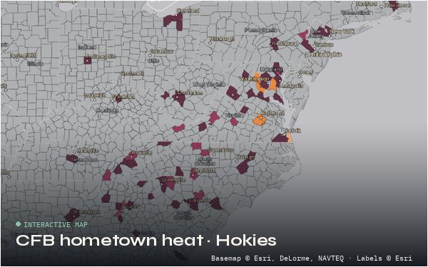 County heat map of Virginia Tech football recruit hometowns across Virginia and neighboring states