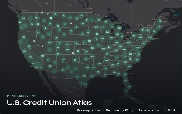 Map of U.S. credit union branches, clustered counts by state across the lower 48 on a dark basemap