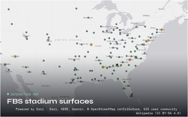 U.S. map of FBS football stadiums marked by natural grass or artificial turf