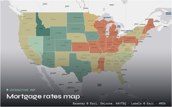 Choropleth map of median mortgage rates by U.S. state from HMDA data
