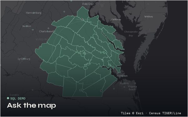 Map of Virginia counties with a spatial query result highlighted around Richmond