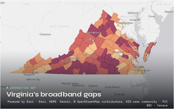 Map of Virginia counties shaded by share of underserved broadband locations