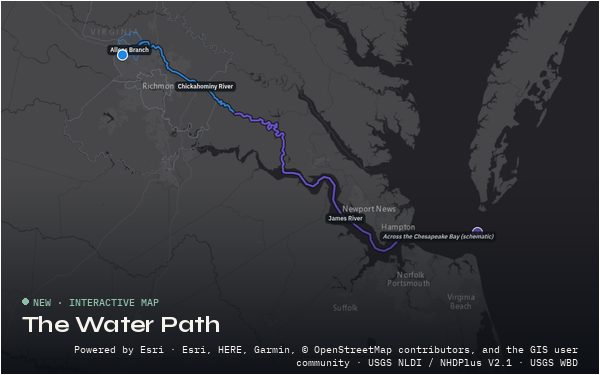 Dark map of a raindrop’s path from Short Pump down the Chickahominy and James rivers to the Chesapeake Bay.