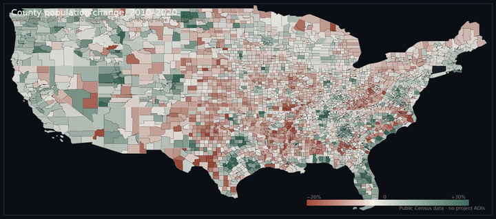 Choropleth of U.S. county population change, 2010 to 2020